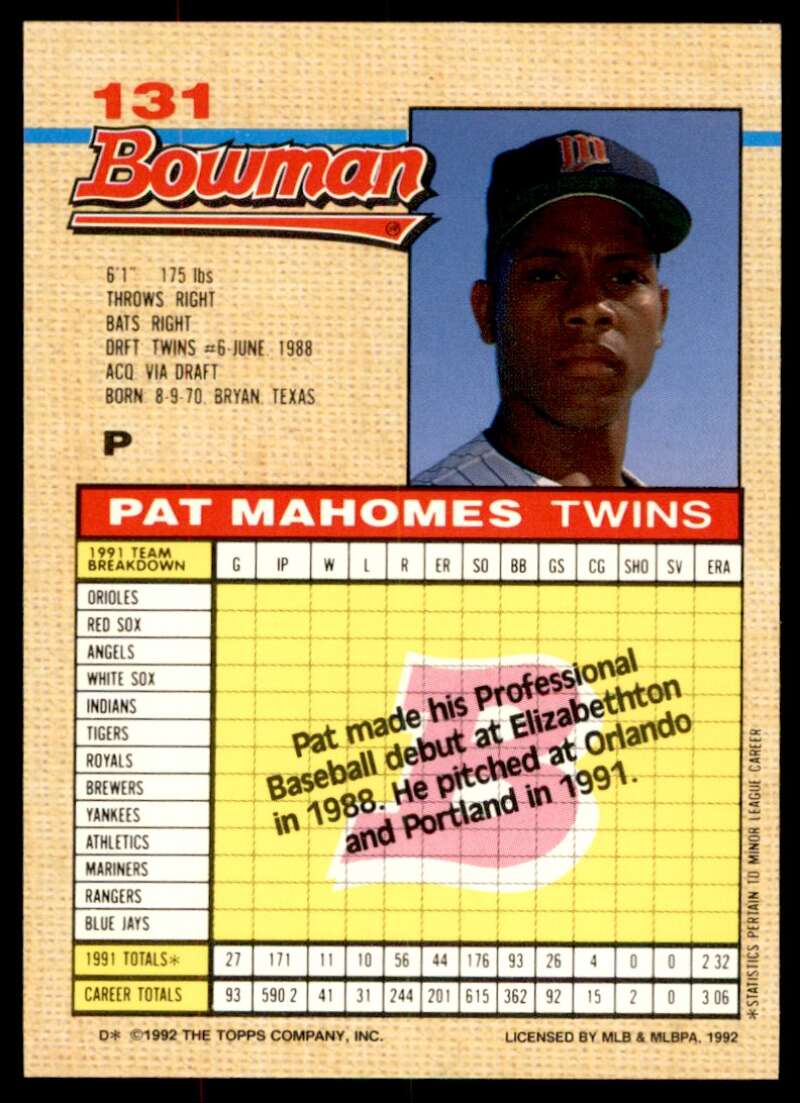 Patrick Mahomes Baseball Rookie Card 1992 Bowman #131 Image 2