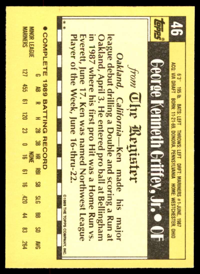 Ken Griffey Jr. Debut Card 1990 Topps #46 Image 2