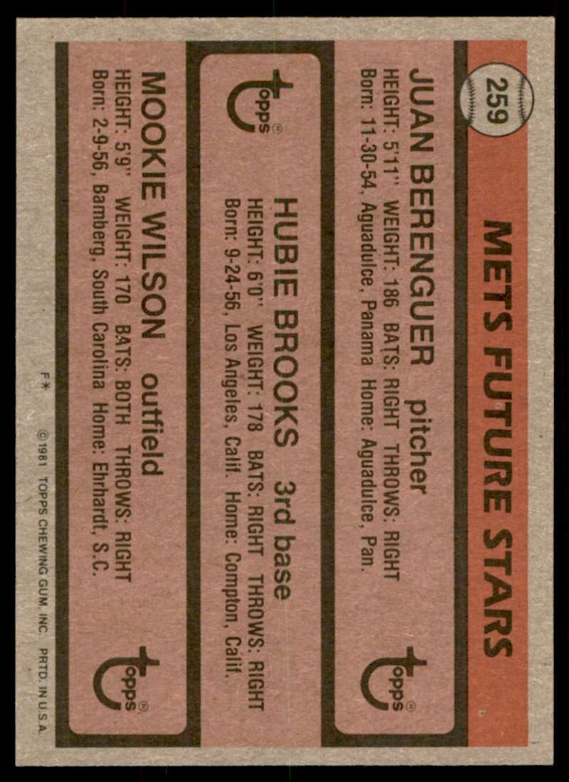 Mookie Wilson Hubie Brooks Rookie Card 1981 Topps #259 Image 2