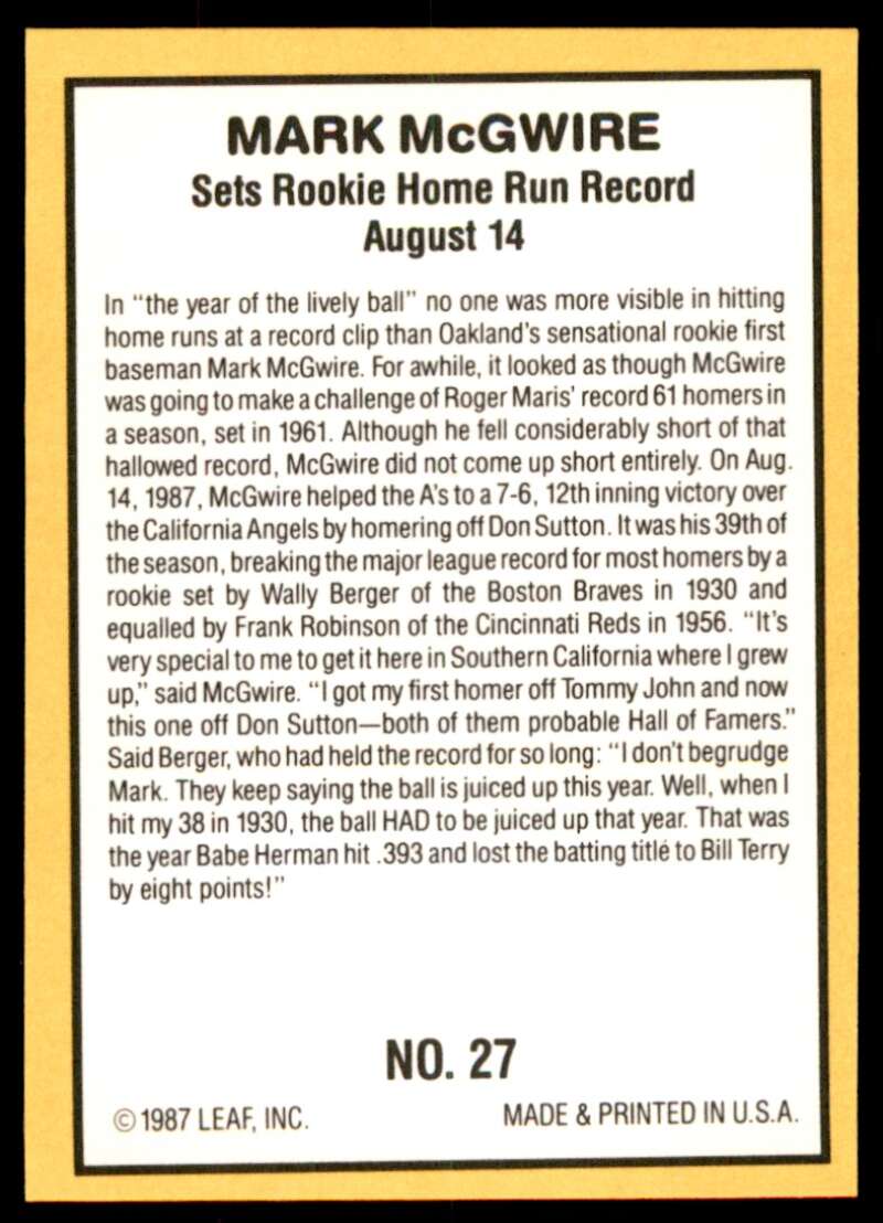 PSA 9 1987 Donruss Highlights Mark McGwire