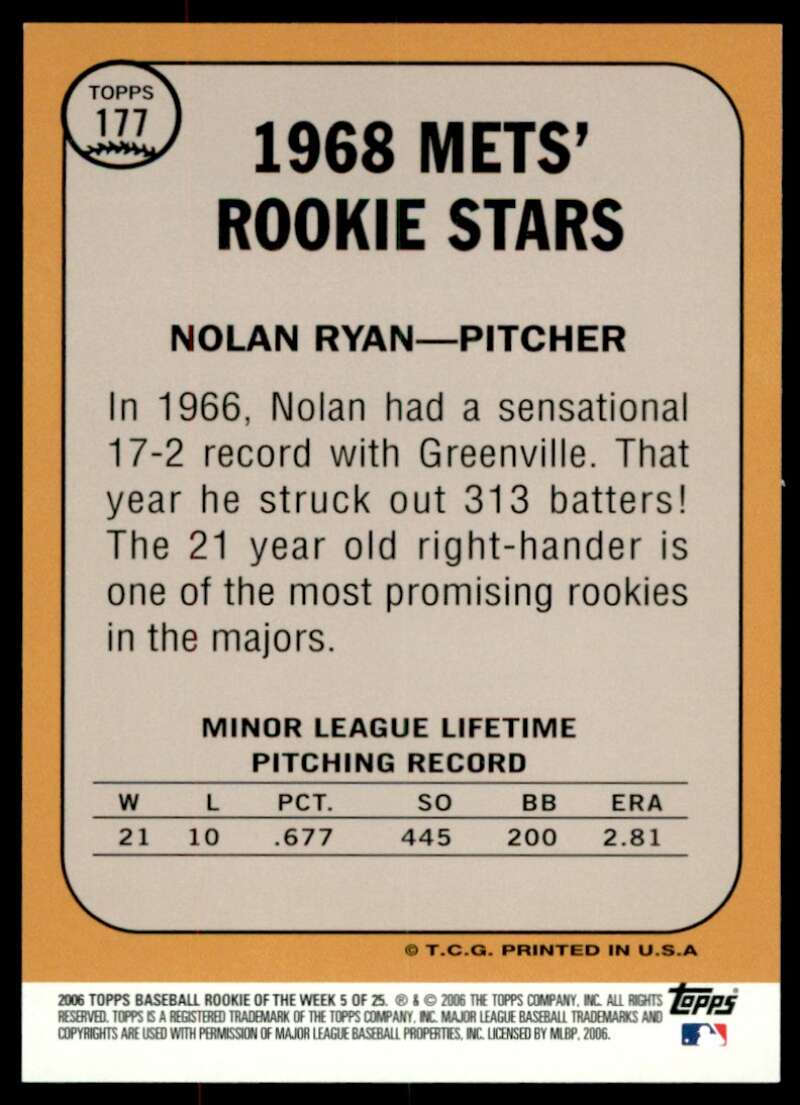 Nolan Ryan Card 2006 Topps POTW 1968 Topps Rookie Stars #177 Image 2