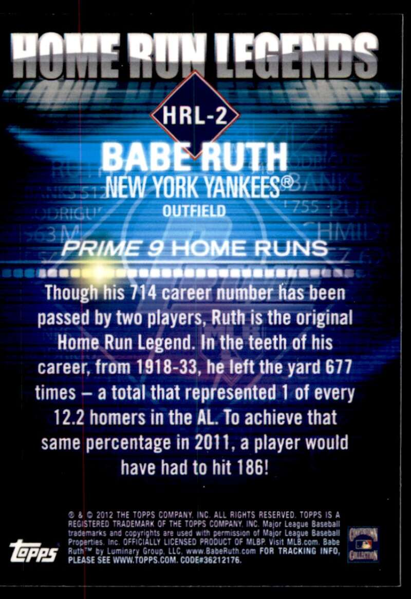 Babe Ruth Card 2012 Topps Prime 714 Home Run Leaders #HRL2 Image 2