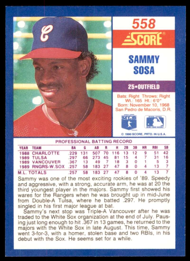 Sammy Sosa Rookie Card 1990 Score #558 Image 2