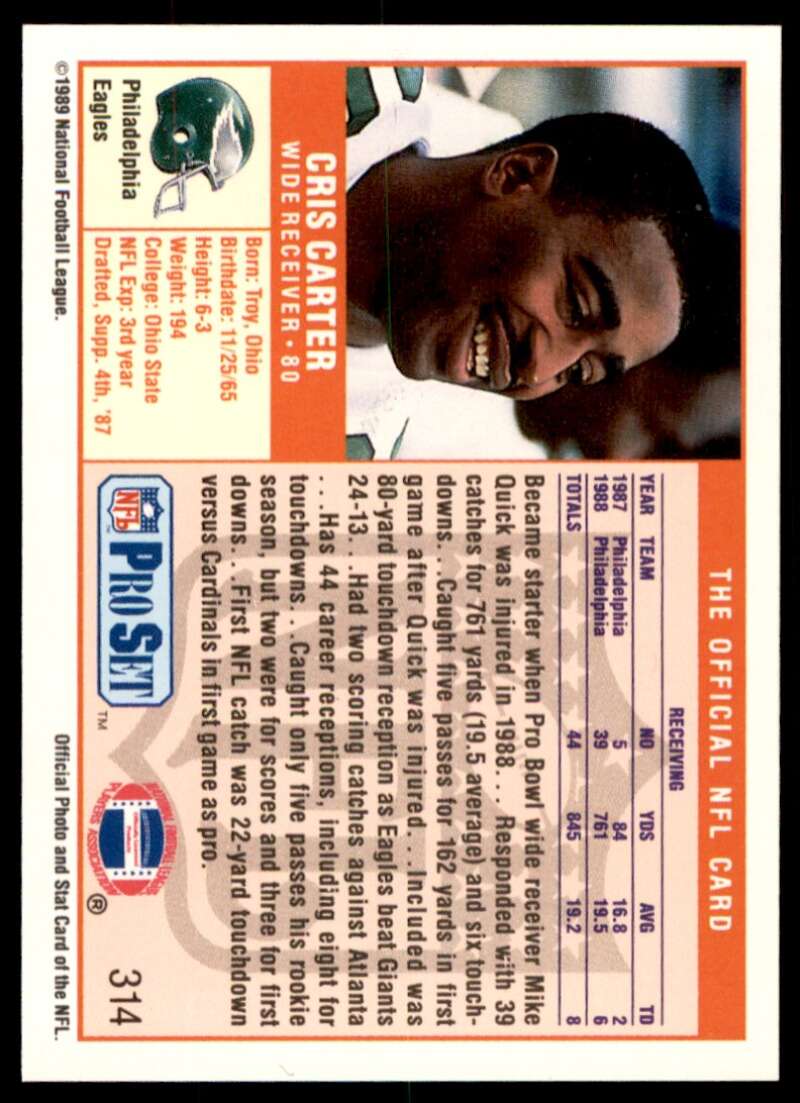 Cris Carter Rookie Card 1989 Pro Set #314 Image 2