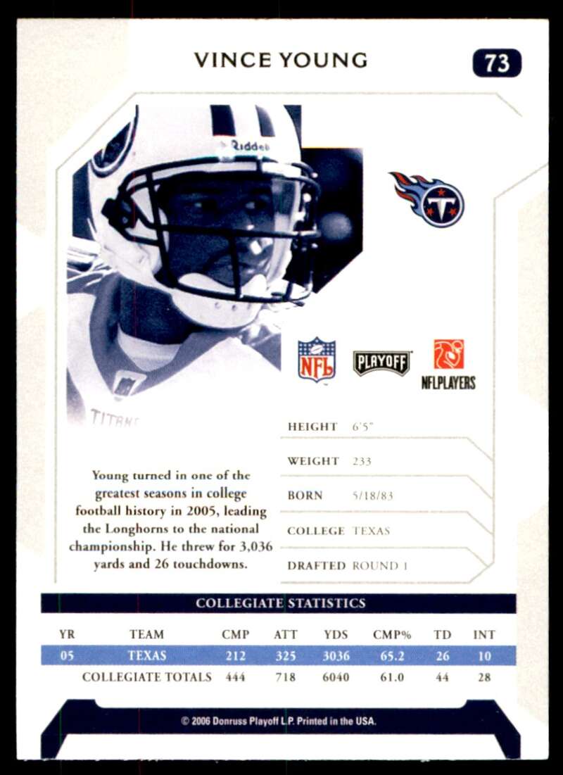 Vince Young Rookie Card 2006 Playoff NFL #73 Image 2