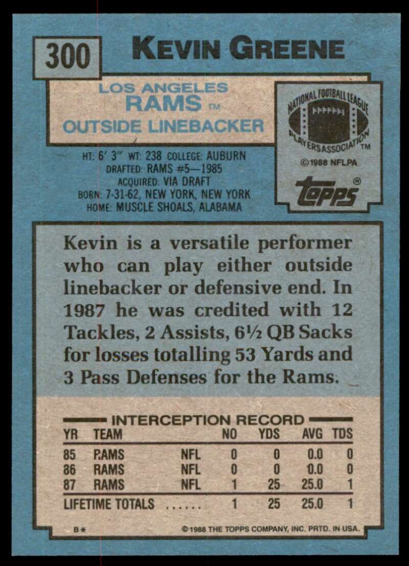 Kevin Greene Rookie Card 1988 Topps #300 Image 2