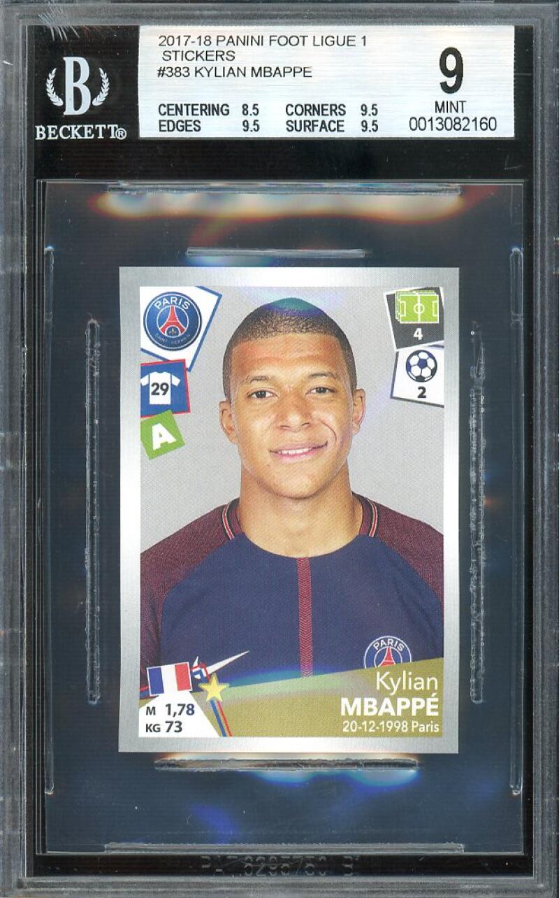 KYLIAN MBAPPE Rookie Card 2017-18 Panini Foot Ligue 1 Stickers  #383 BGS 9 Image 1