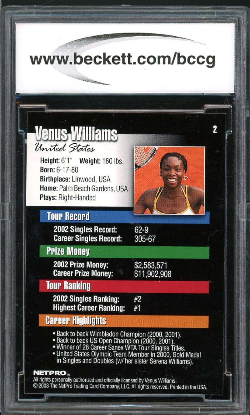 2003 Netpro #2 Venus Williams Tennis Rookie Card BGS BCCG 10 Mint+ Image 2