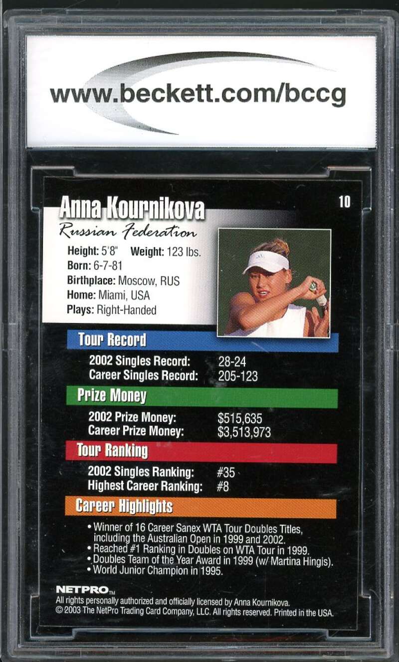 2003 Netpro #10 Anna Kournikova Tennis Rookie Card BGS BCCG 10 Mint+ Image 2