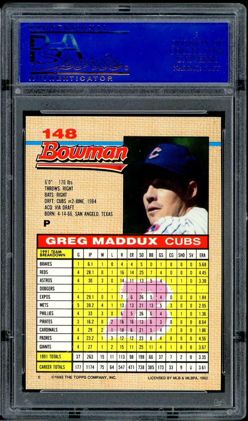 Greg Maddux Card 1992 Bowman #148 PSA 9 Image 2