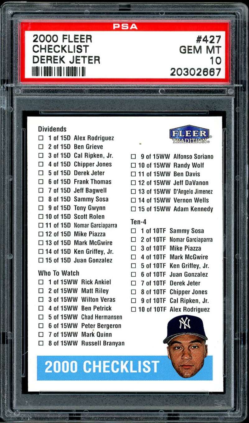 Derek Jeter Checklist Card 2000 Fleer #427 PSA 10 Image 1