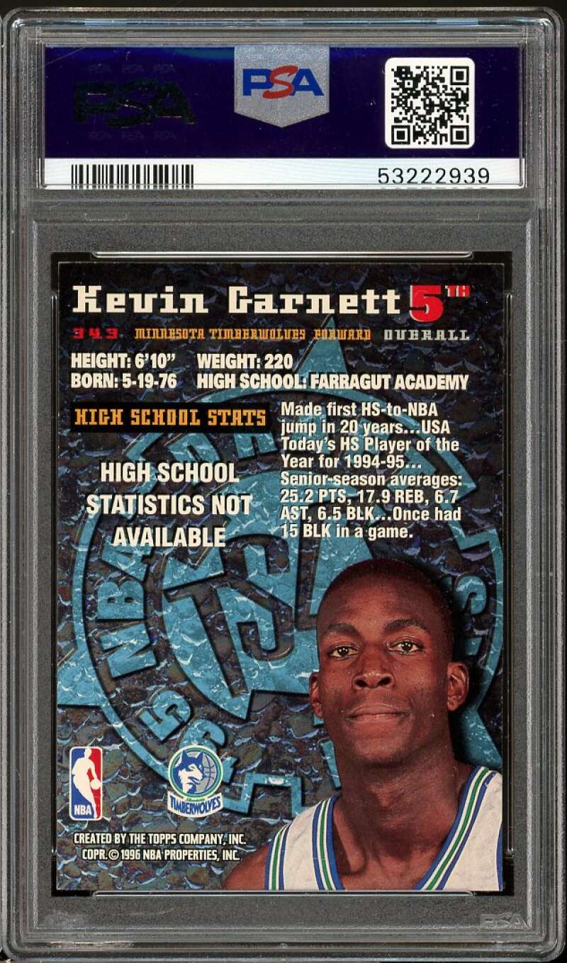 Kevin Garnett Card 1995-96 Stadium Club #343 PSA 8 Image 2