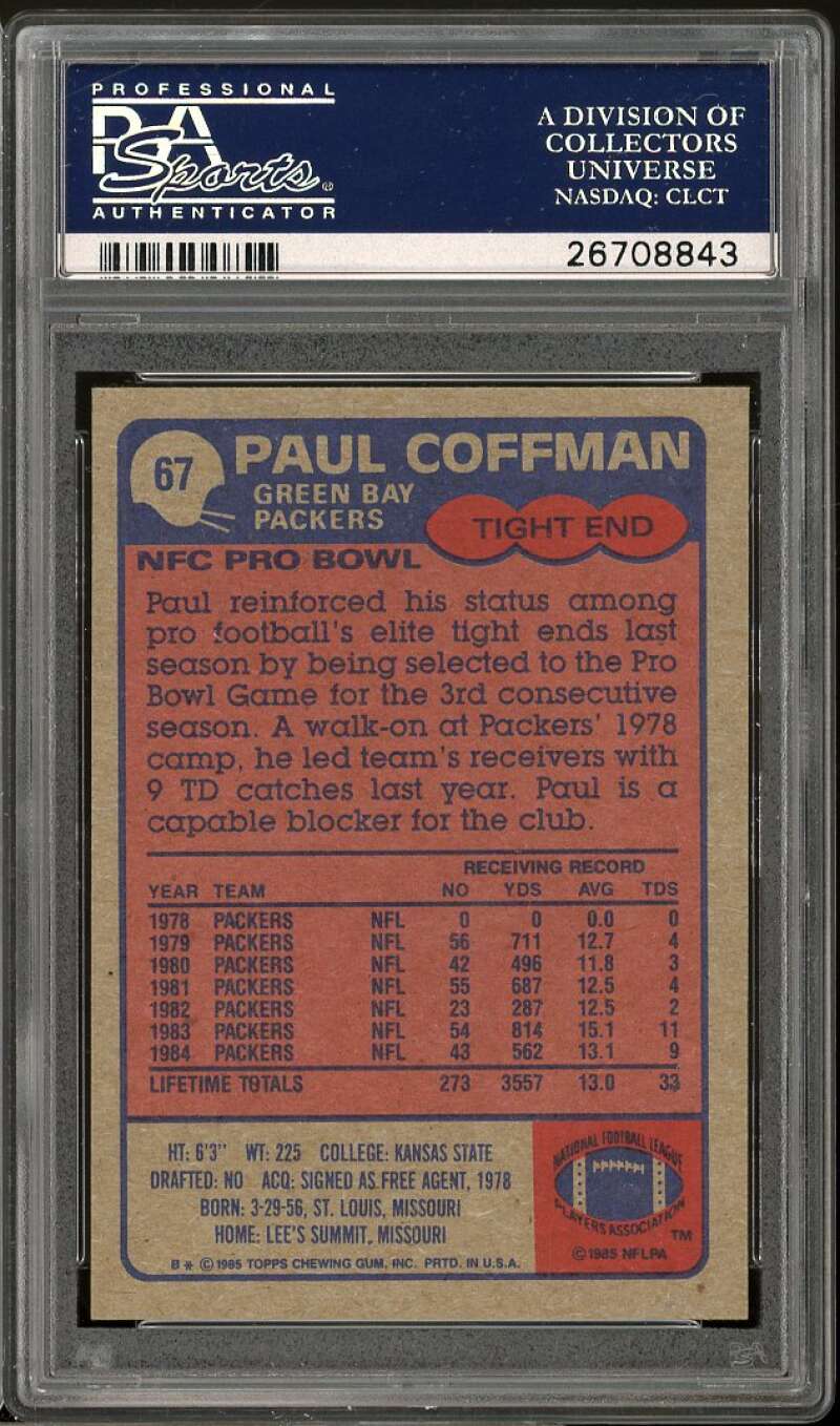 Paul Coffman Card 1985 Topps #67 PSA 7 Image 2