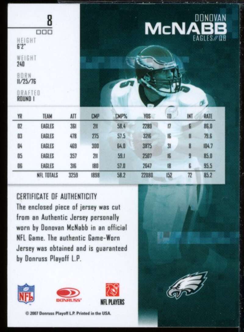 Donovan McNabb 2007 Leaf Rookies and Stars Materials Emerald Prime Jersey #8  Image 2
