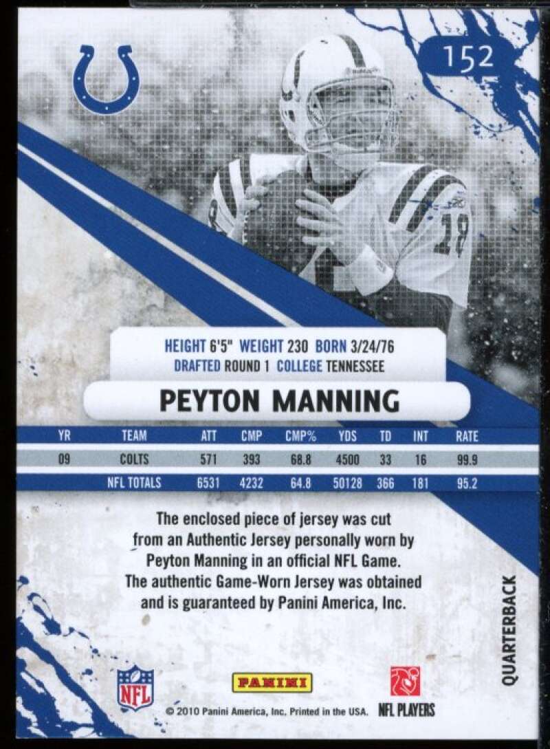 Peyton Manning 2010 Rookies n Stars Elements Materials Black Prime Jersey #152  Image 2