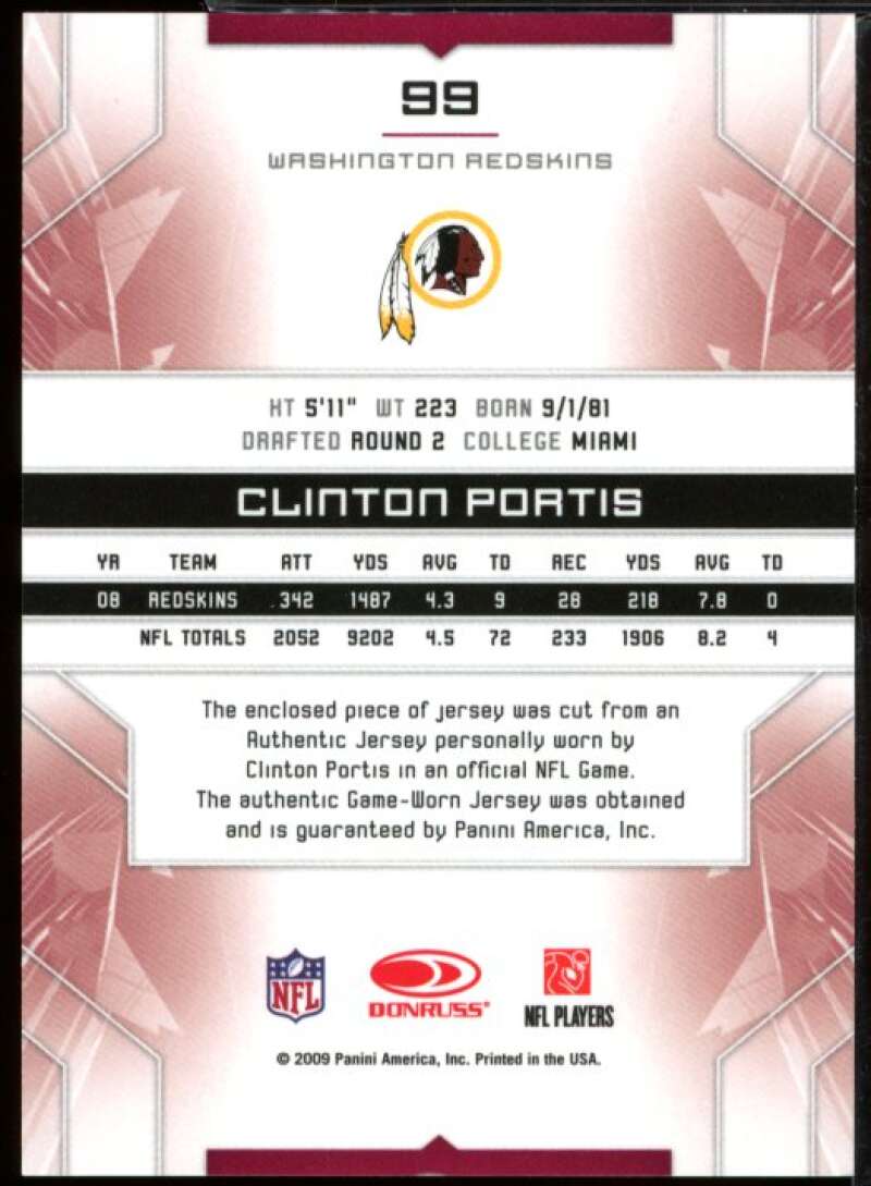 Jersey Clinton Portis Redskins Card 2009 Limited Threads Prime #99  Image 2