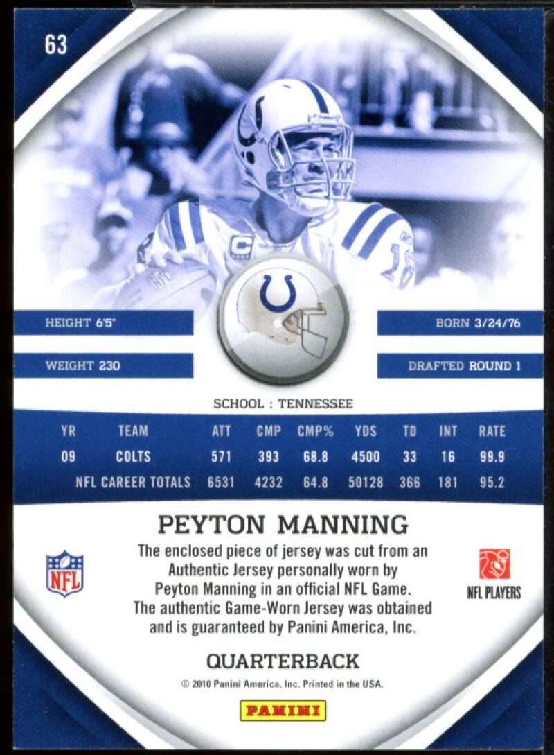 Peyton Manning Card 2010 Panini Gridiron Gear Jerseys O's #63  Image 2