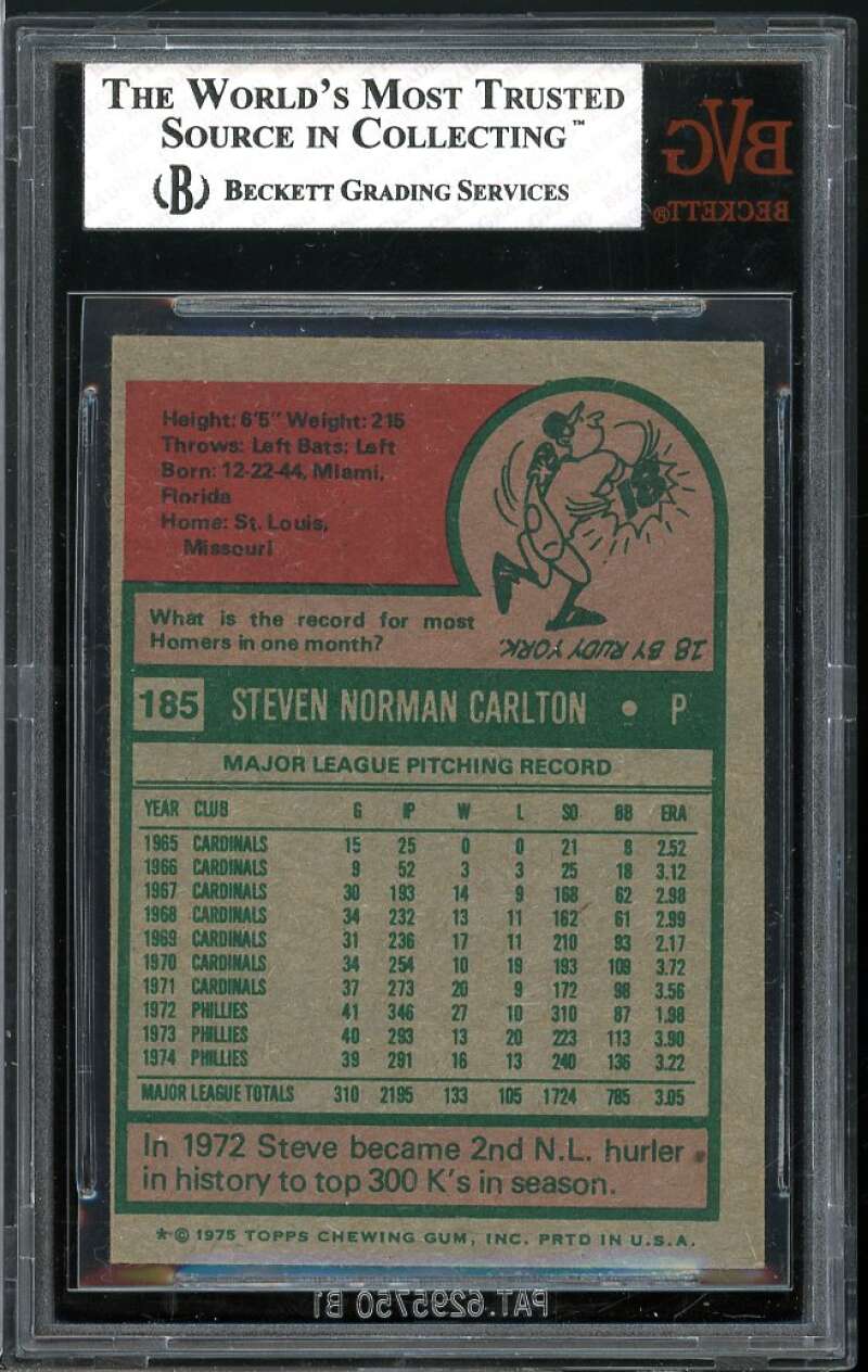 Steve Carlton Card 1975 Topps #185 BGS BVG 5 Image 2