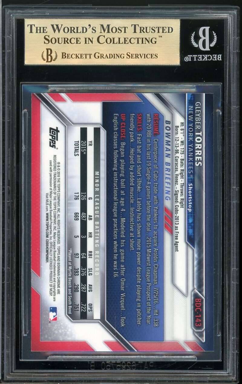 Gleyber Torres Rookie Card 2016 Bowman Chrome Draft #BDC143 BGS 9.5 Image 2