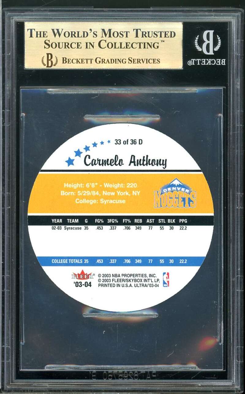 Carmelo Anthony Rookie Card 2003-04 Ultra Roundball Discs #33 BGS 9.5 Image 2