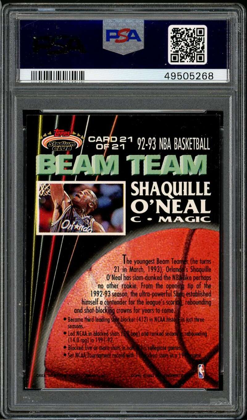 Shaquille O'Neal Rookie Card 1992-93 Stadium Club Beam Team #21 PSA 9 Image 2