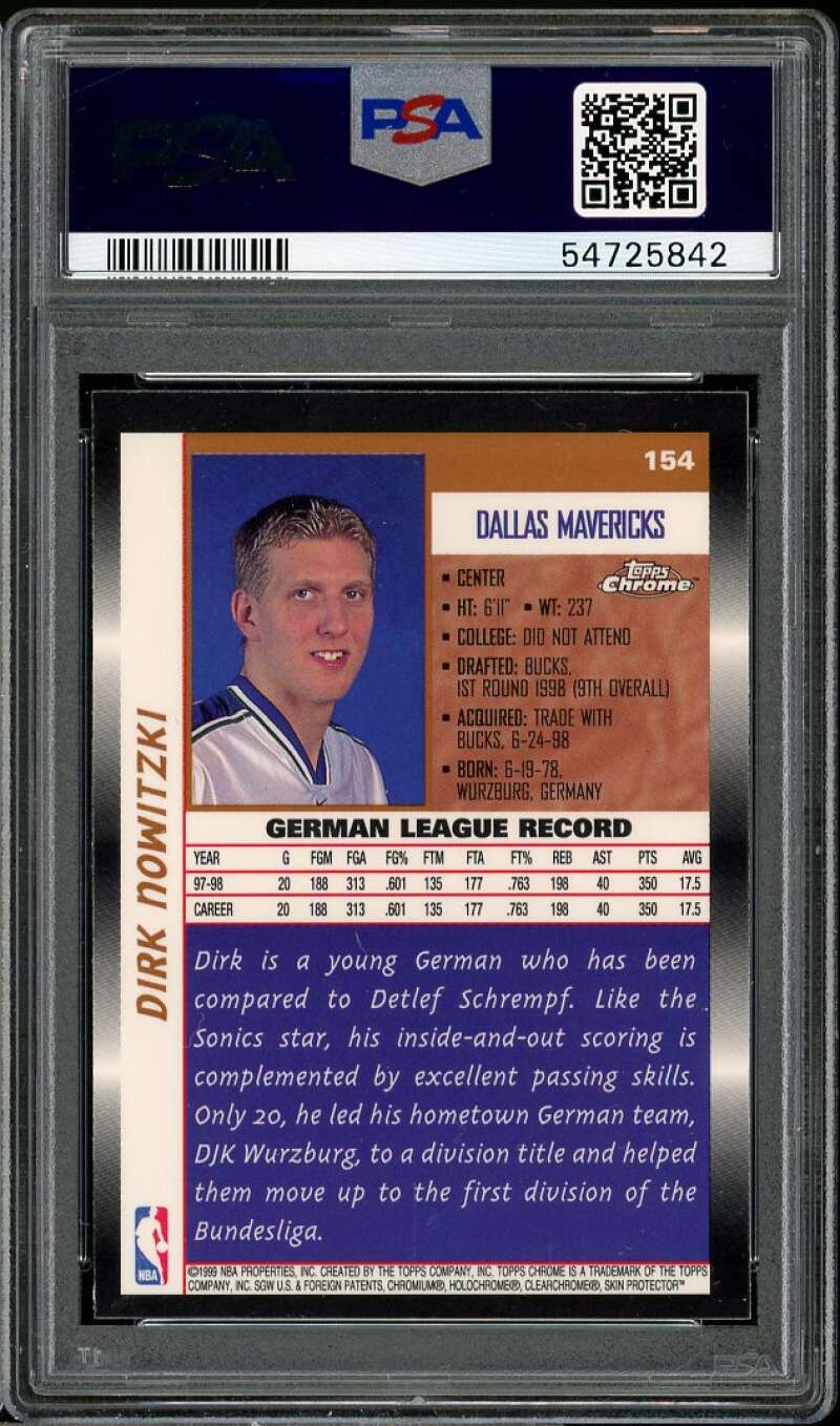 Dirk Nowitzki Rookie Card 1998-99 Topps Chrome #154 PSA 9 Image 2