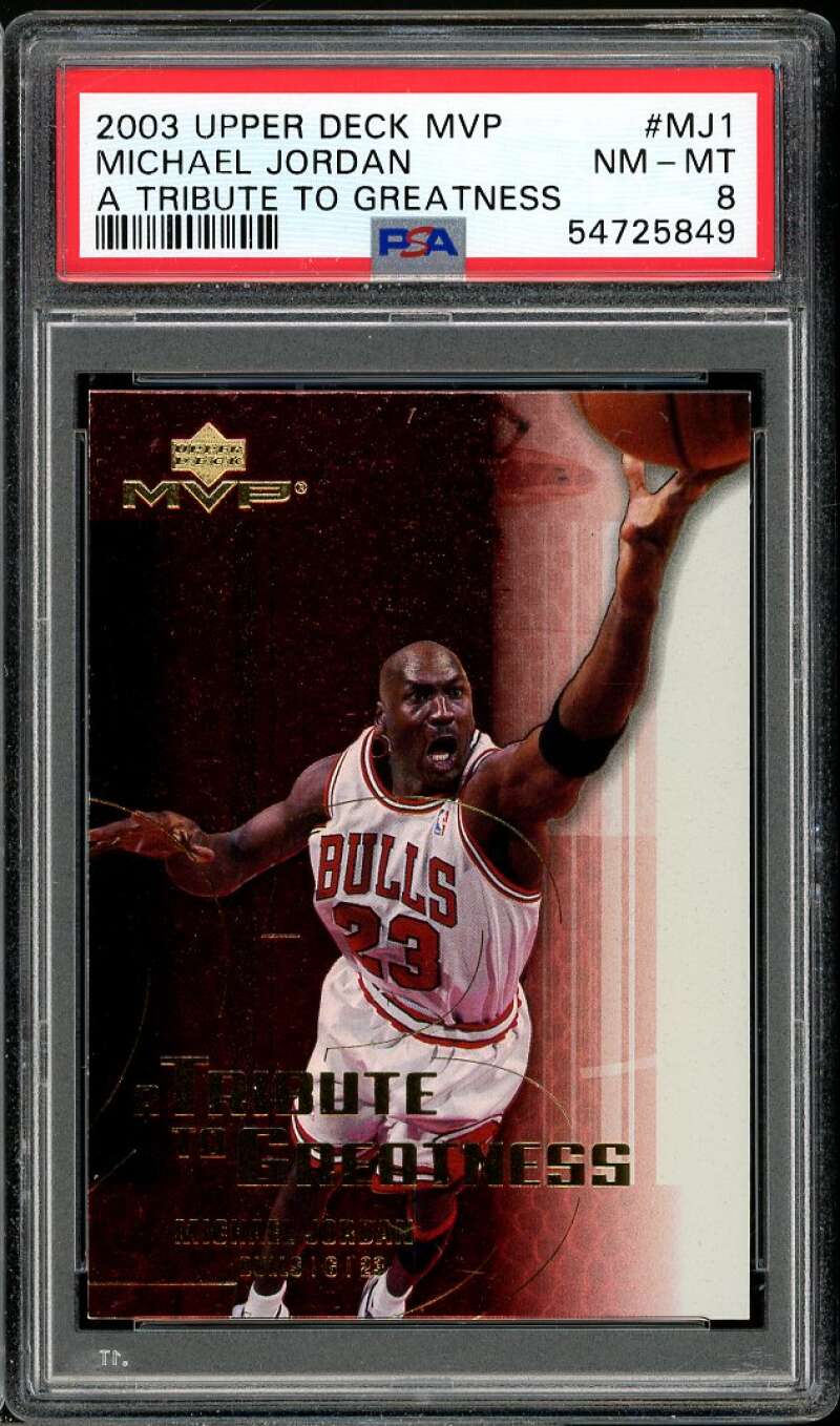 Michael Jordan Card 2003-04 Upper Deck MVP A Tribute To Greatness #MJ1 PSA 8 Image 1