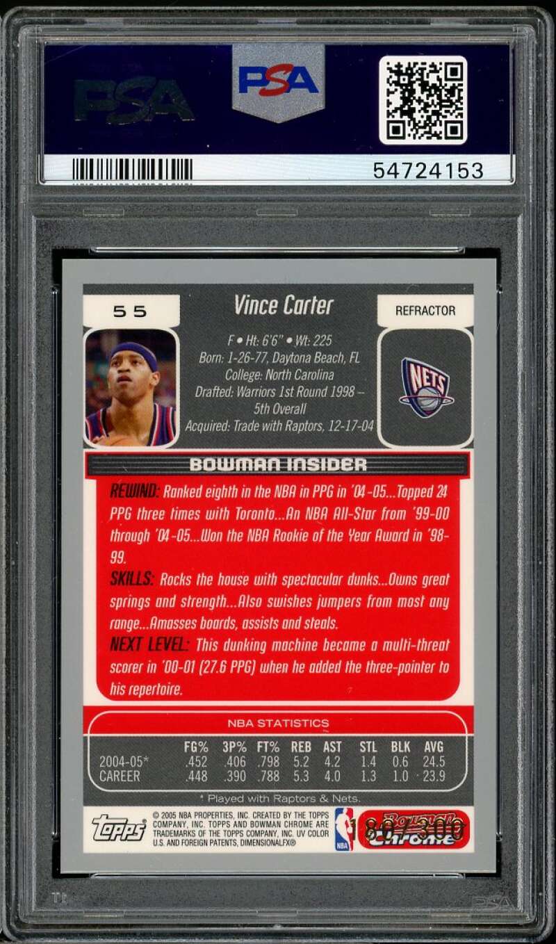Vince Carter Card 2005-06 Bowman Chrome DP Refractor #55 (pop 3) PSA 9 Image 2