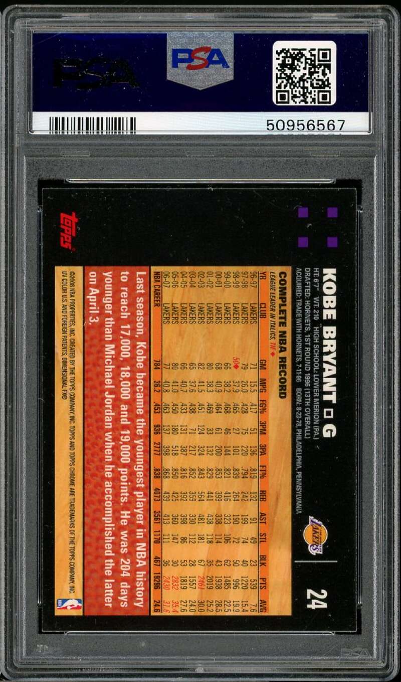 Kobe Bryant Card 2007-08 Topps Chrome #24 PSA 9 Image 2