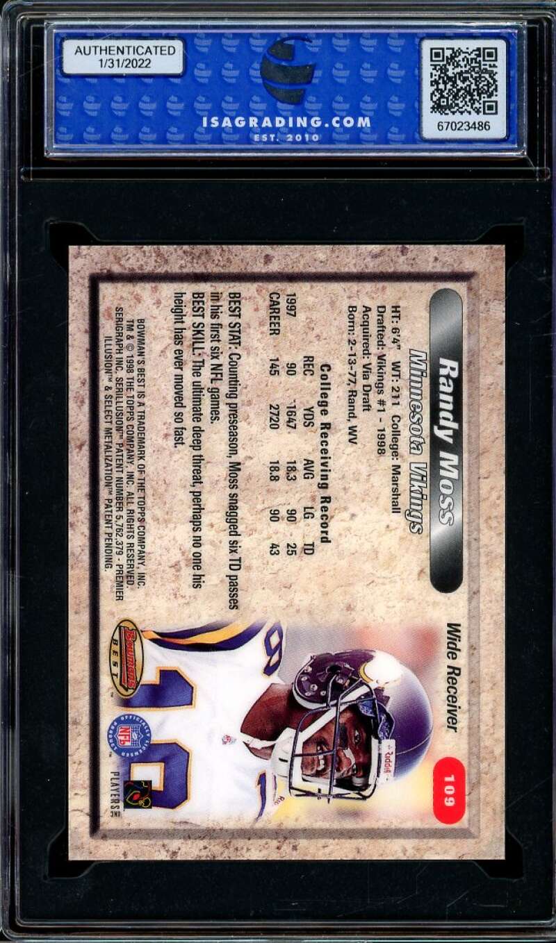 Randy Moss Rookie Card 1998 Bowman's Best #109 ISA 10 GEM MINT Image 2