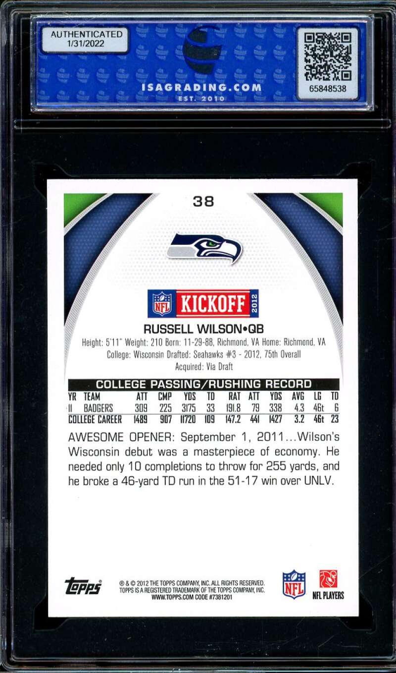 Russell Wilson Rookie Card 2012 Topps Kickoff #38 ISA 10 GEM MINT Image 2