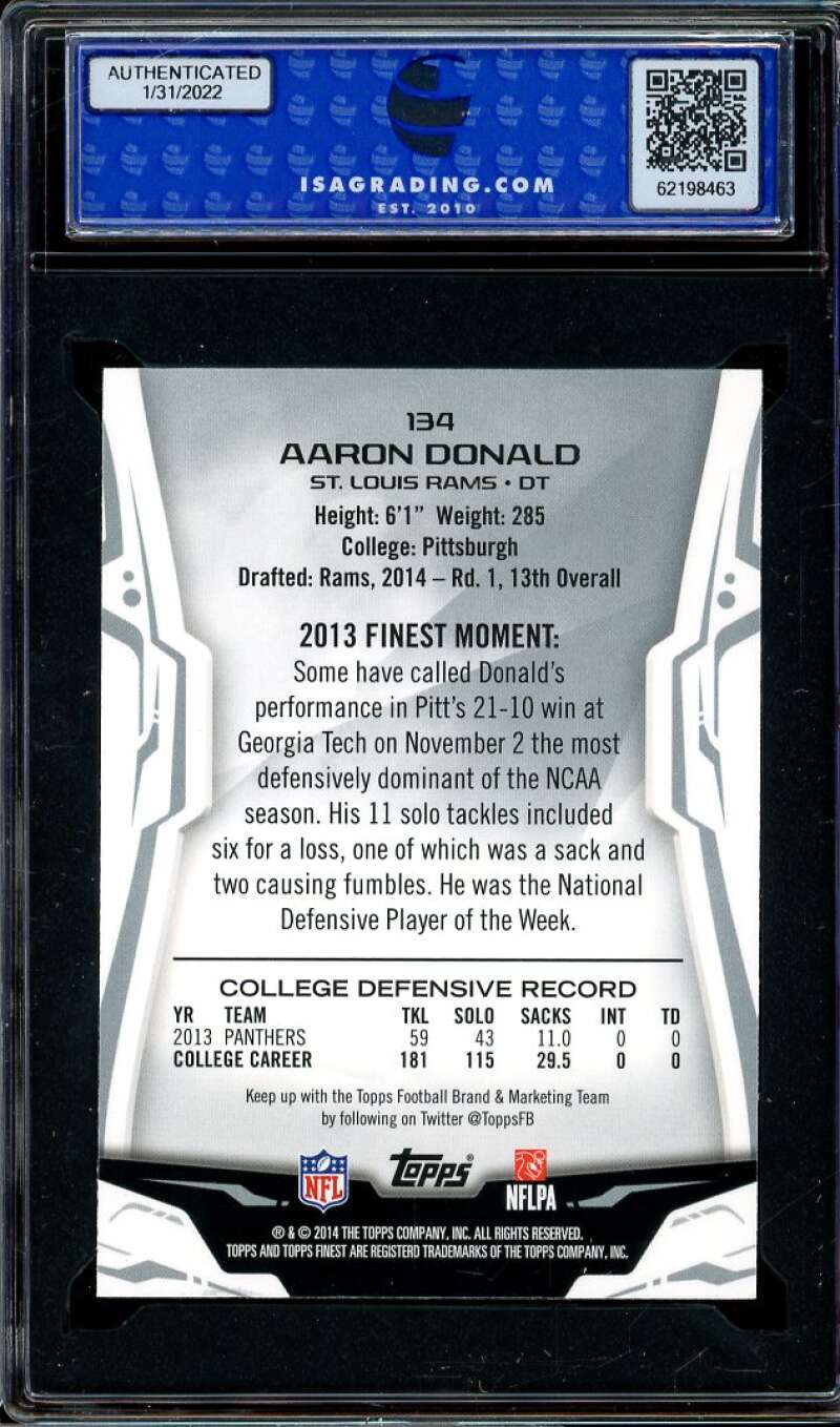 Aaron Donald Rookie Card 2014 Finest Refractpr #134 ISA 10 GEM MINT Image 2