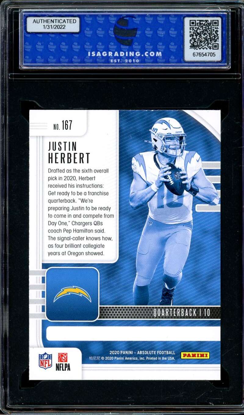 Justin Herbert Rookie Card 2020 Panini Absolute Retail #167 ISA 8.5 NM-MT+ Image 2