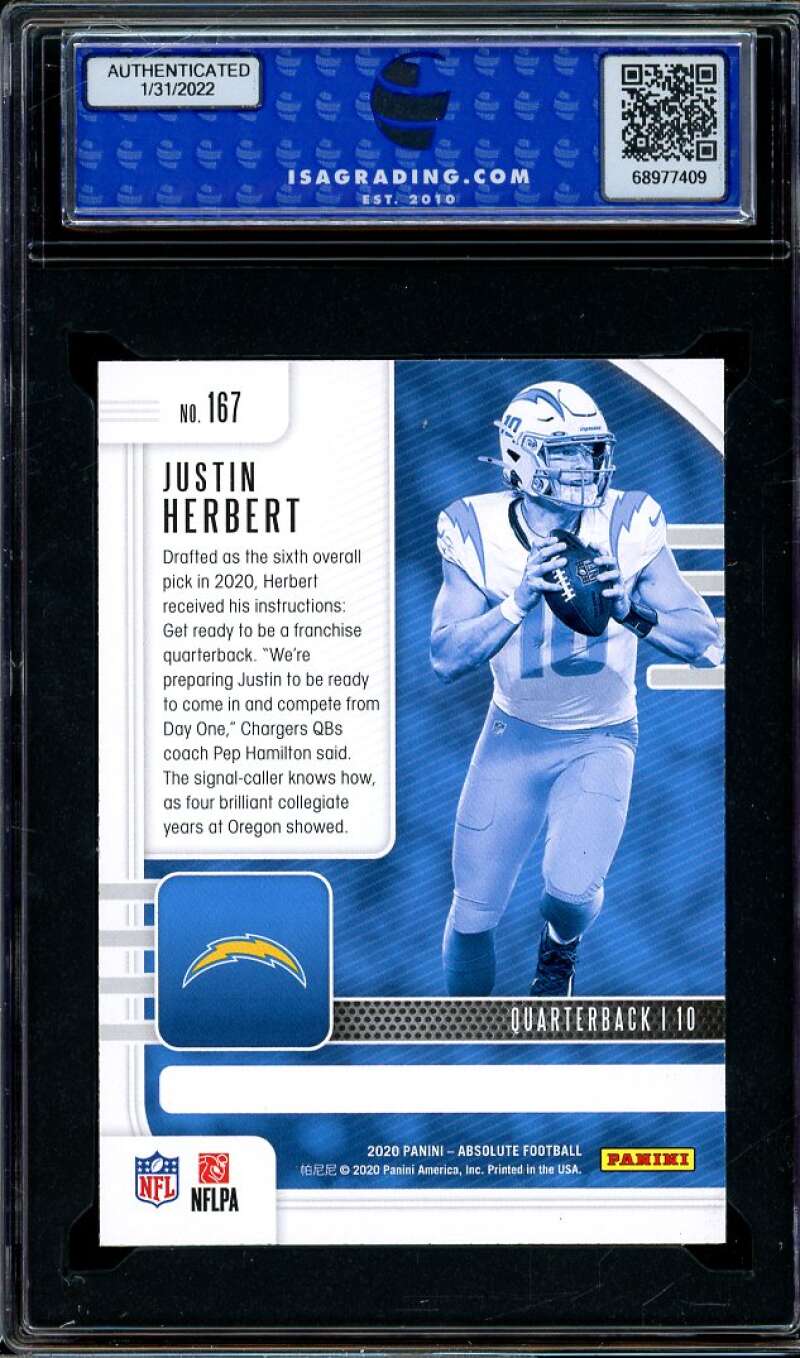 Justin Herbert Rookie Card 2020 Panini Absolute Blue #167 ISA 9 MINT Image 2