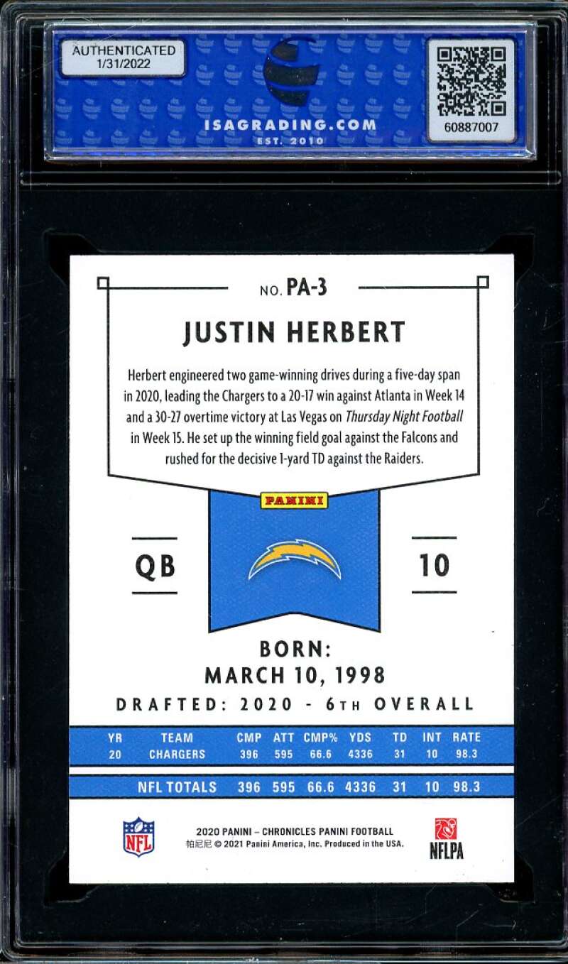 Justin Herbert Rookie Card 2020 Panini Chronicles Panini #PSA-3 ISA 9 MINT Image 2