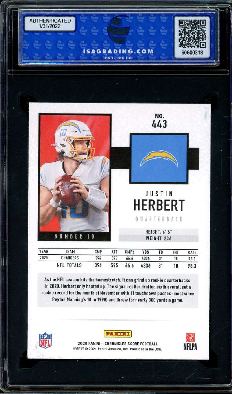 Justin Herbert 2020 Panini Chronicles Score Update Rookies #443 ISA 10 GEM MINT Image 2