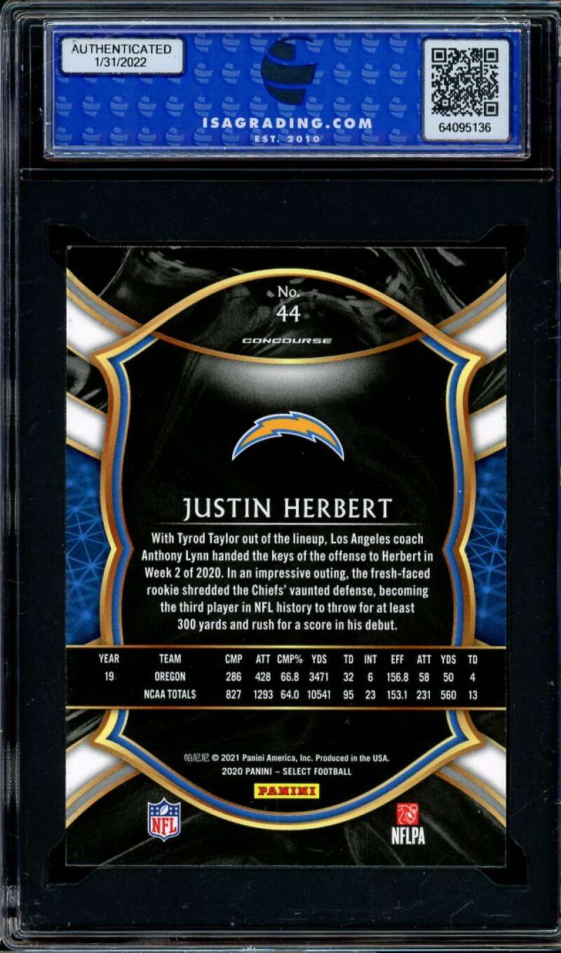 Justin Herbert Rookie Card 2020 Panini Select #44 ISA 9 MINT+ Image 2