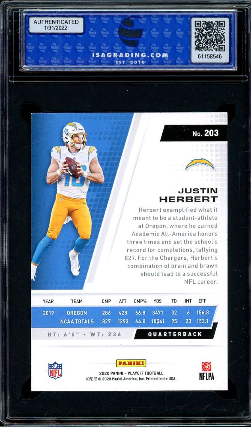 Justin Herbert Rookie Card 2020 Panini Playoff #203 ISA 9 MINT Image 2