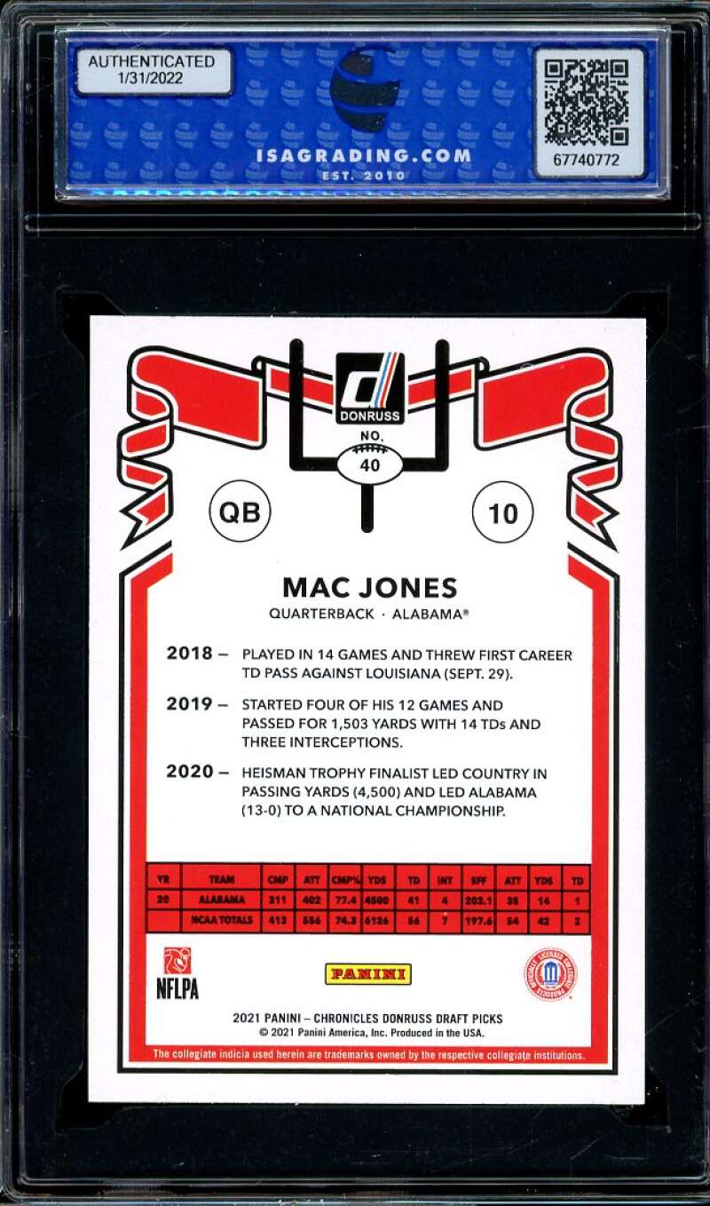 Mac Jones Rookie Card 2021 Donruss Chronicles D.P. Donruss Retro #40 ISA 9 MINT Image 2