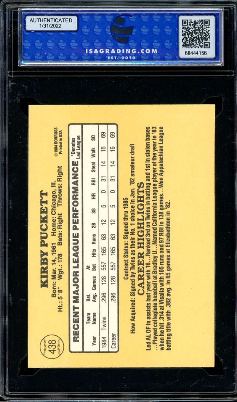 Kirby Puckett Rookie Card 1985 Donruss #438 ISA 9 MINT Image 2