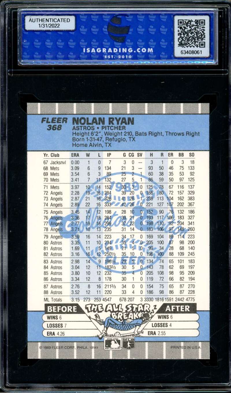 Nolan Ryan Card 1989 Fleer Glossy #368 ISA 10 GEM MINT Image 2