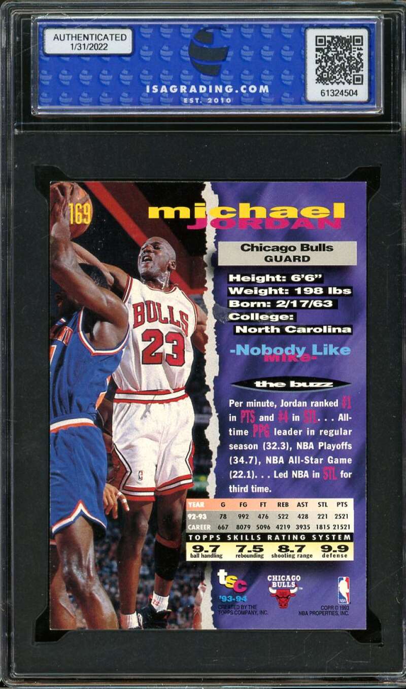 Michael Jordan Card 1993-94 Stadium Club #169 ISA 9 MINT Image 2