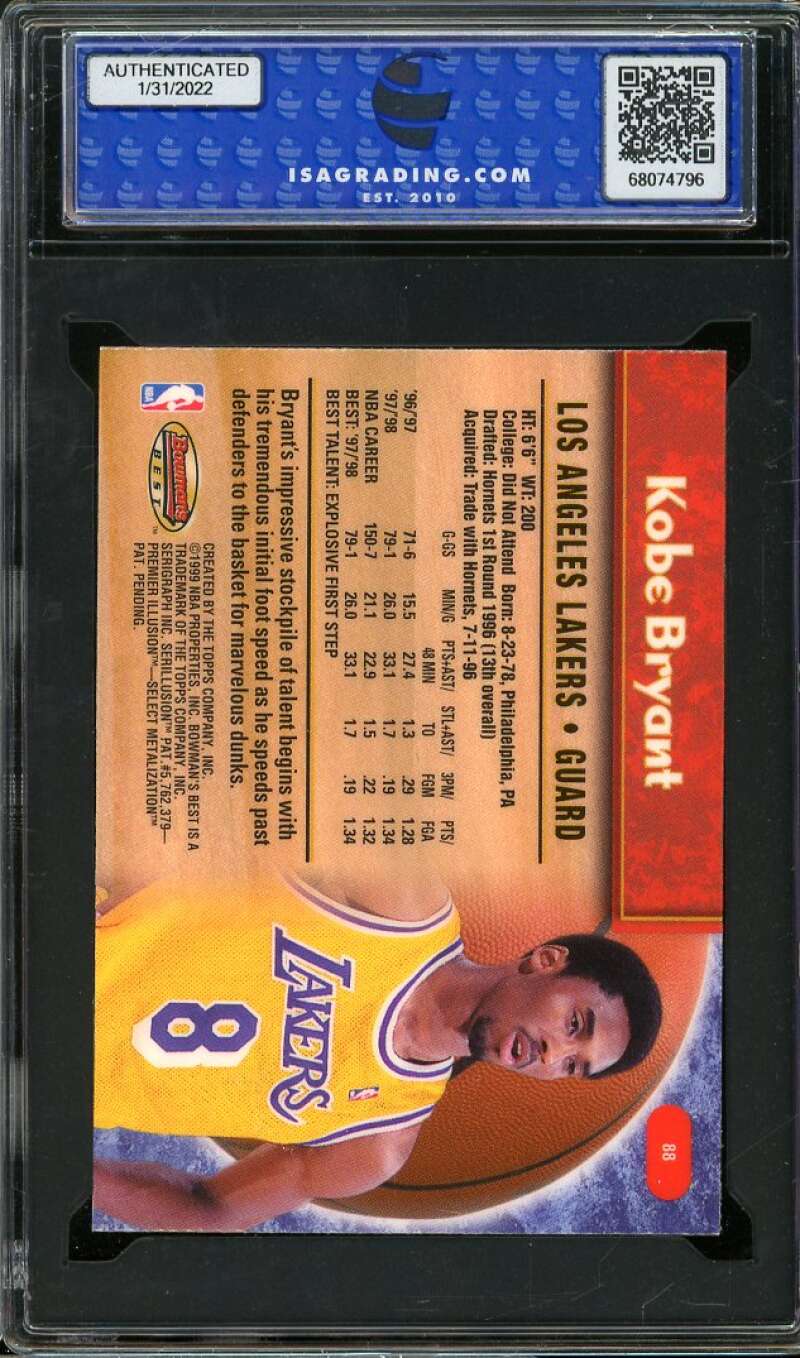 Kobe Bryant Card 1997-98 Bowman's Best #88 ISA 10 GEM MINT Image 2