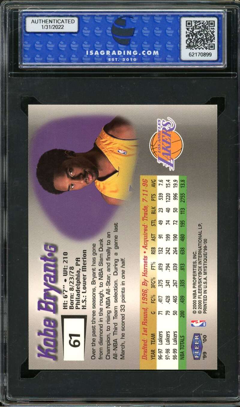 Kobe Bryant Card 1999-00 Fleer Mystique #61 ISA 9 MINT Image 2