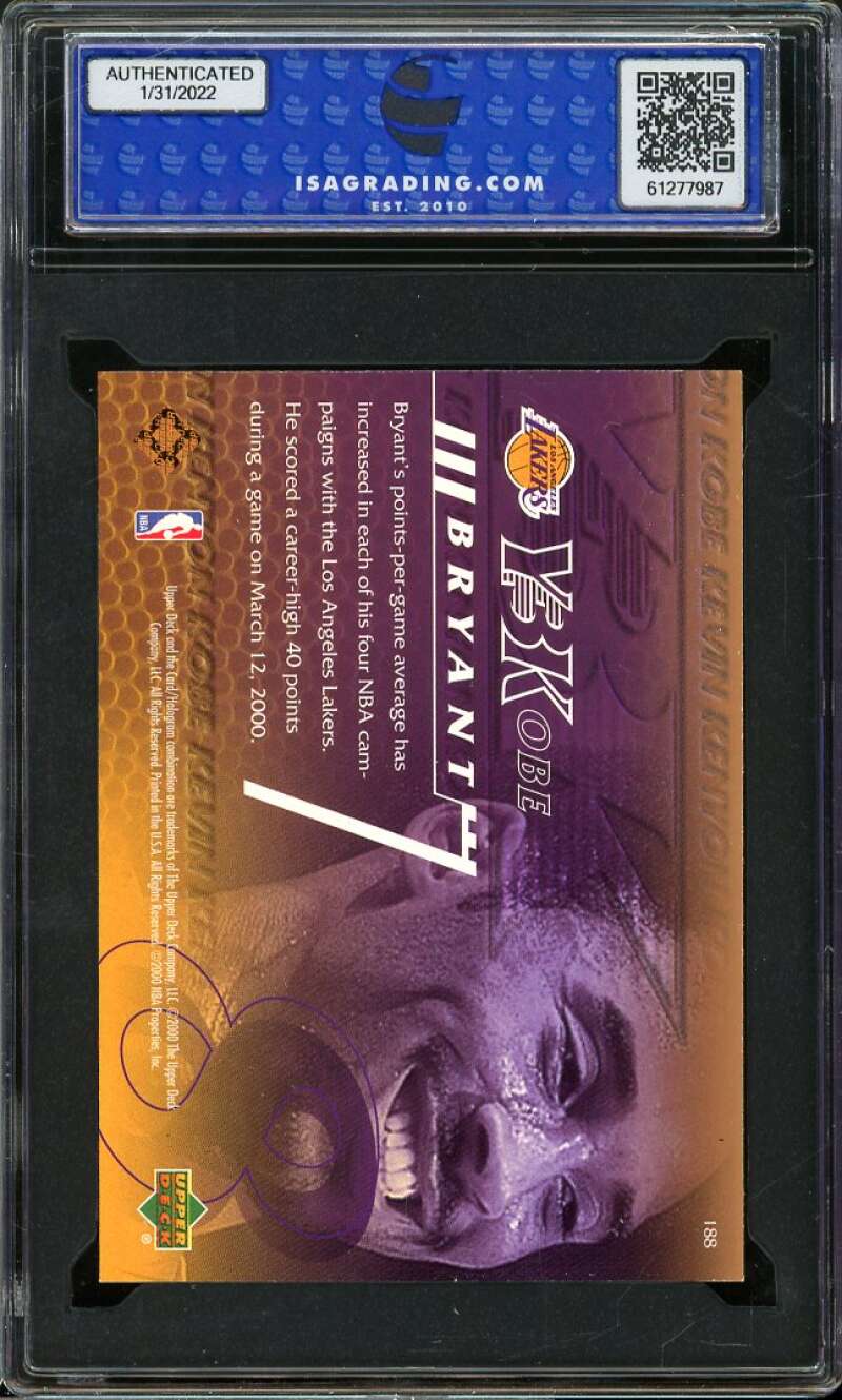 Kobe Bryant Card 2000-01 Upper Deck #188 ISA 10 GEM MINT Image 2