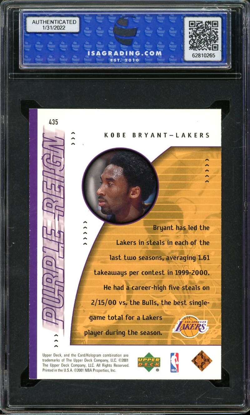Kobe Bryant Card 2000-01 Upper Deck #435 ISA 10 GEM MINT Image 2