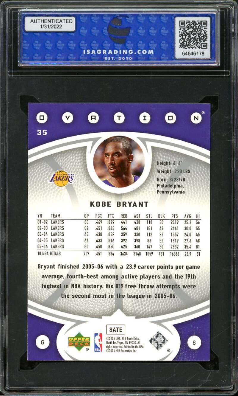 Kobe Bryant Card 2006-07 Upper Deck Ovation #35 ISA 10 GEM MINT Image 2
