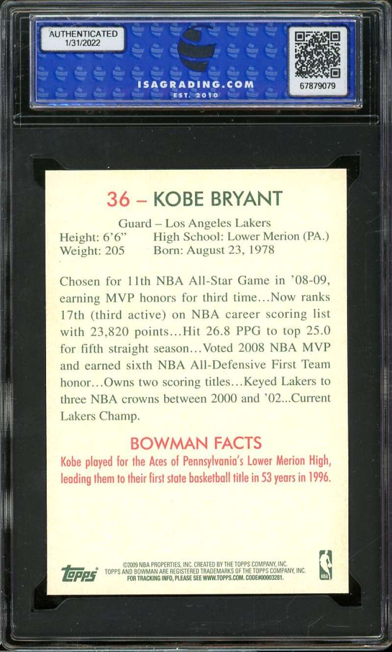 Kobe Bryant Card 2009-10 Bowman '48 #24 ISA 9 MINT Image 2