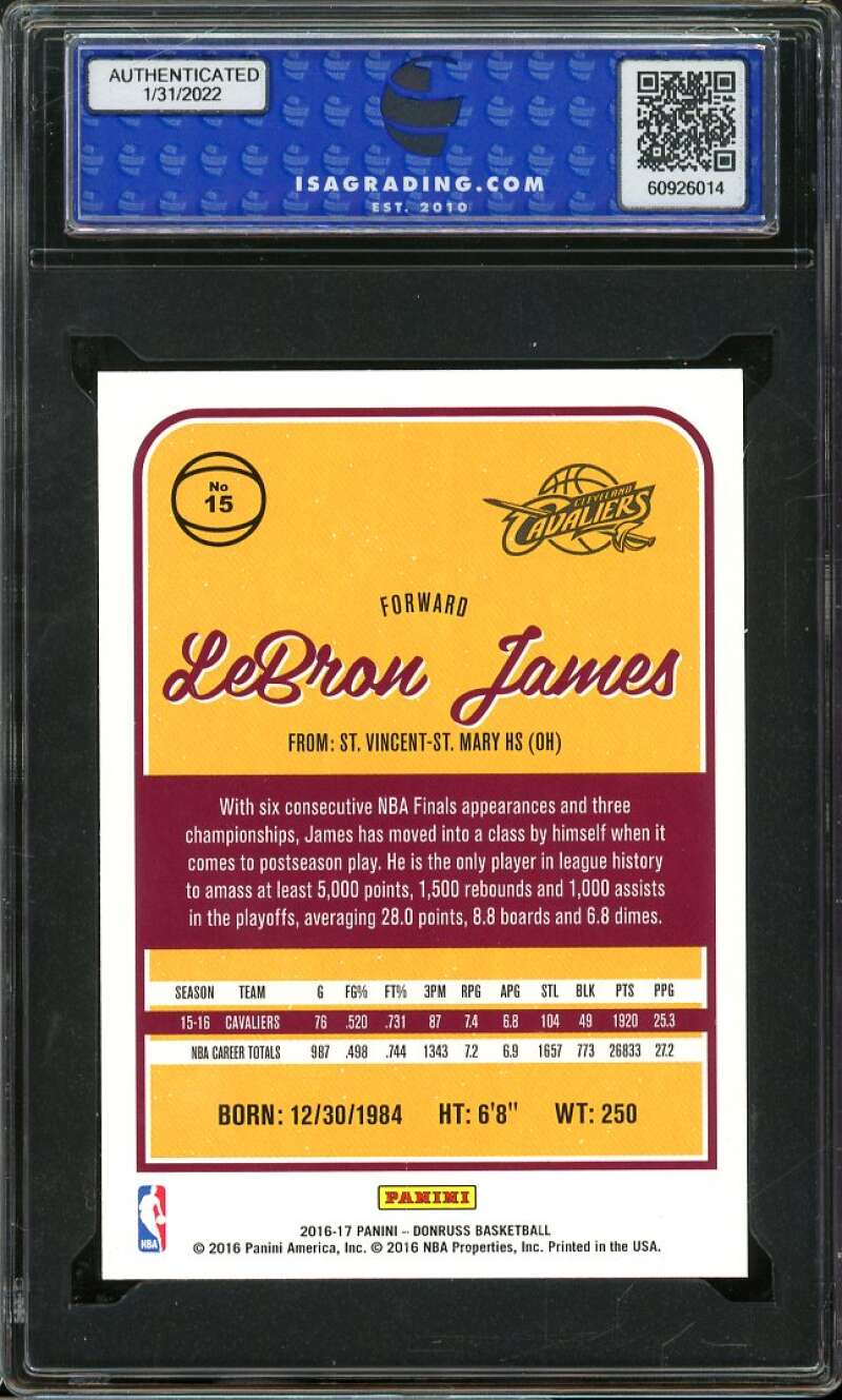 LeBron James Card 2016-17 Donruss #15 ISA 9 MINT Image 2