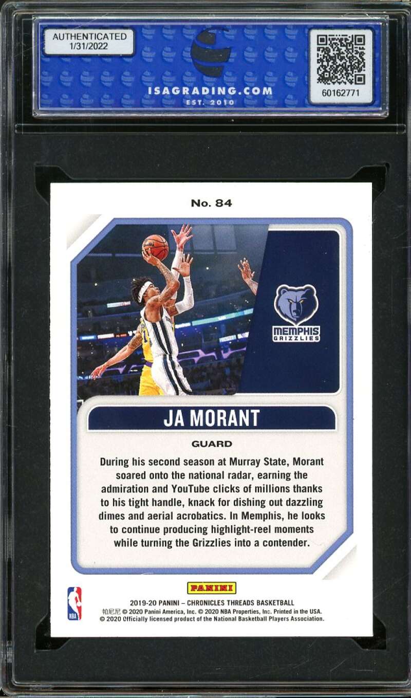 Ja Morant Rookie 2019-20 Panini Chronicles Threads Bronze #84 ISA 10 GEM MINT Image 2